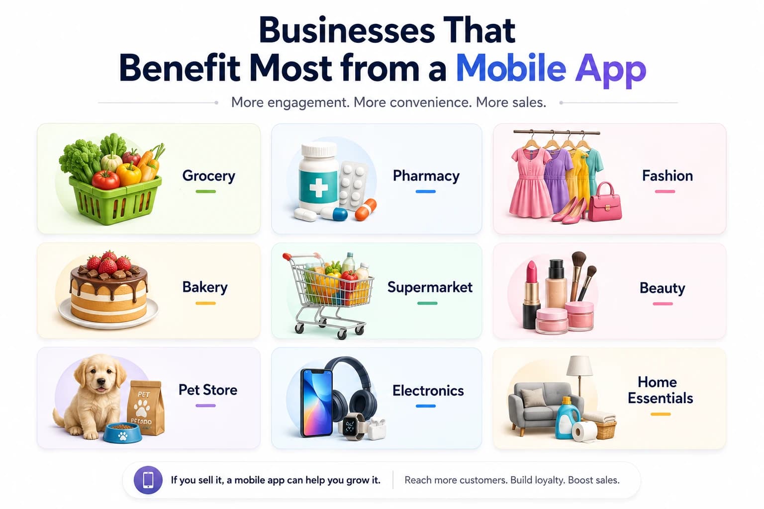 Illustration showing ecommerce businesses such as grocery stores, pharmacies, fashion brands, bakeries, and electronics retailers that benefit from a mobile app.