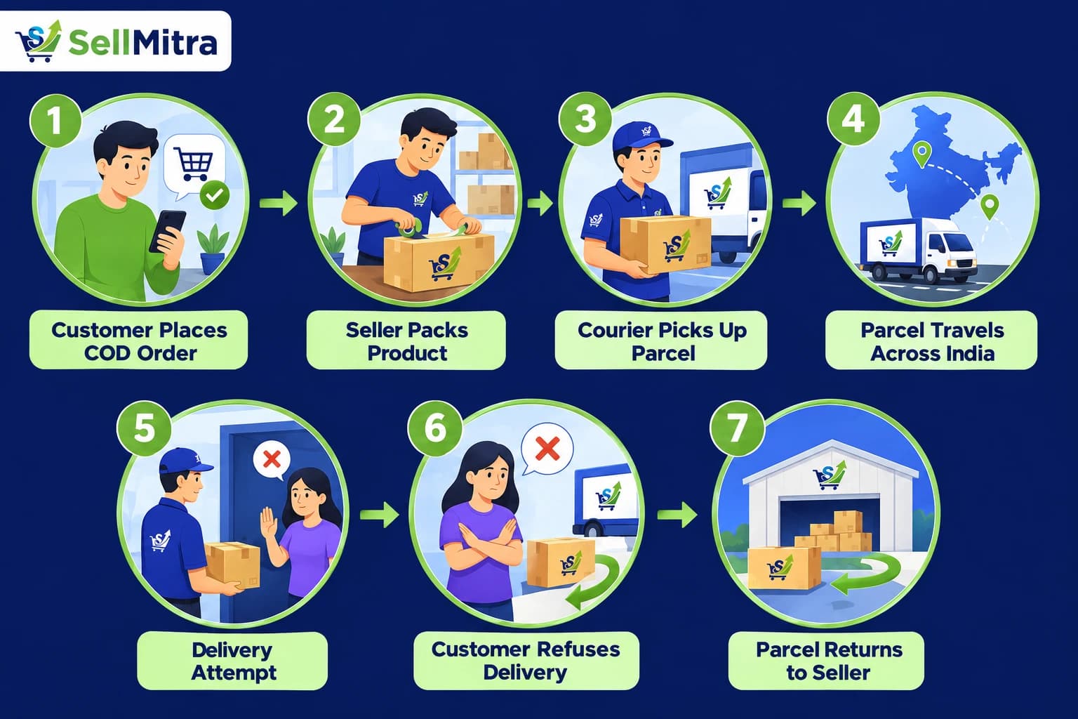 Customer Places COD   Order > Seller Packs Product > Courier Picks Up   Parcel > Parcel Travels Across India > Delivery   Attempt > Customer Refuses Delivery > Parcel Returns   to Seller
