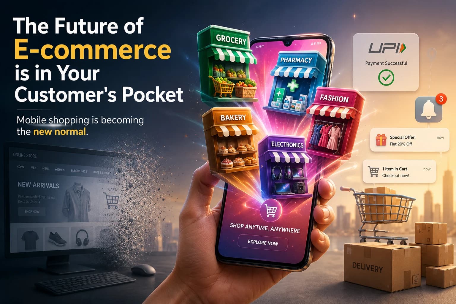 Illustration showing how a mobile app helps ecommerce businesses reach customers on smartphones.