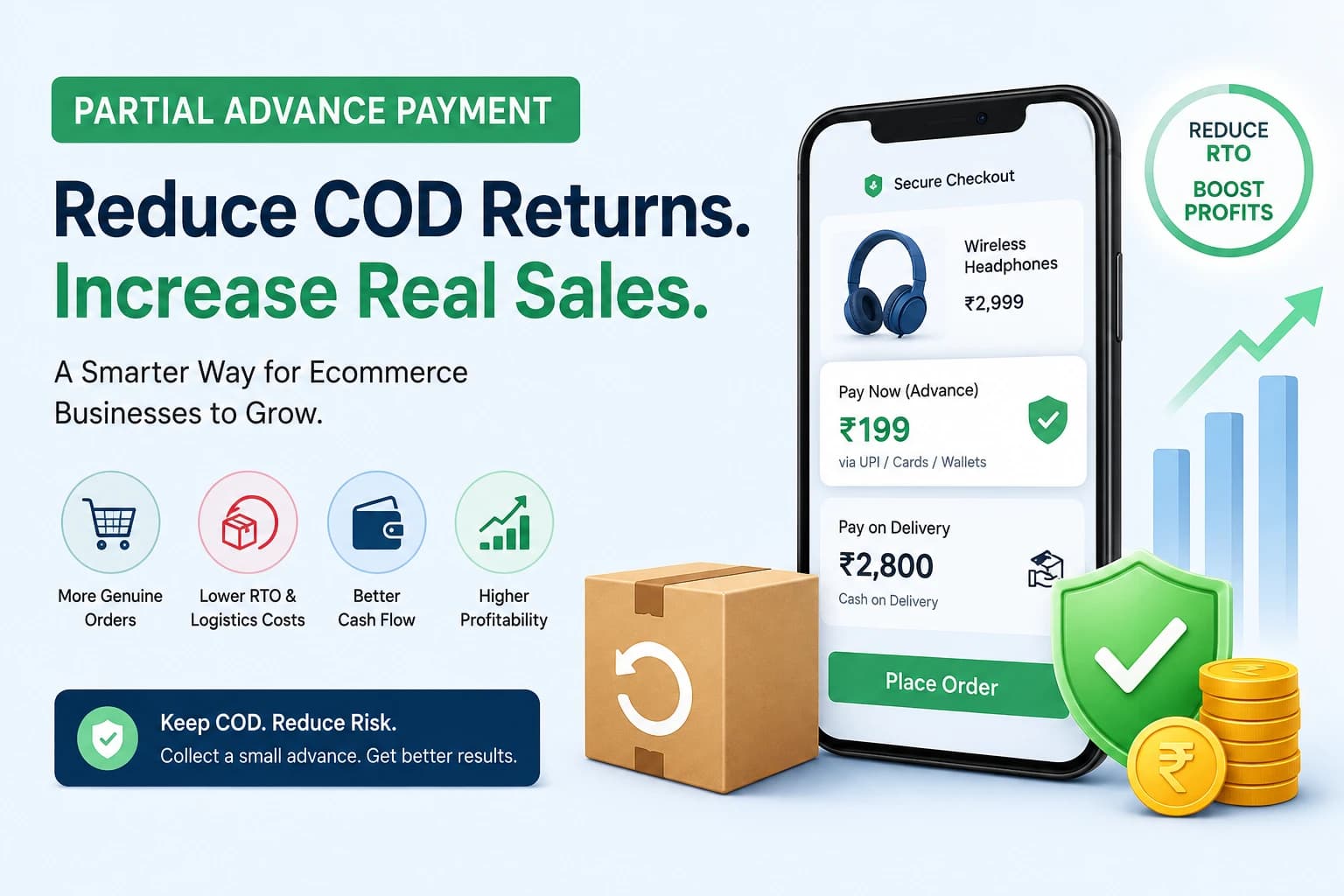 Illustration showing how a mobile app helps ecommerce businesses reach customers on smartphones.