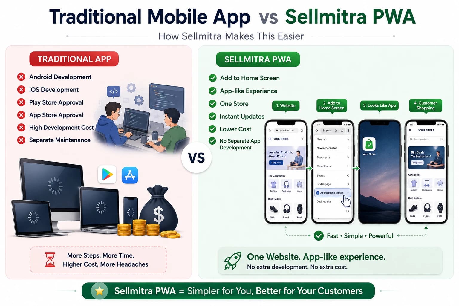 Comparison between a traditional ecommerce mobile app and a Progressive Web App (PWA), showing lower development effort and an app-like shopping experience.