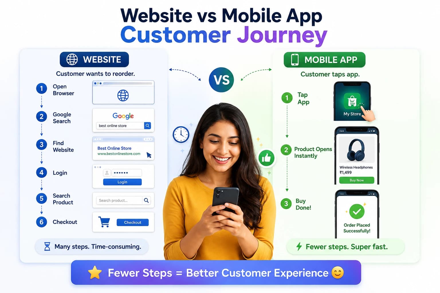 Comparison of customer shopping journeys on an ecommerce website versus a mobile app, highlighting faster repeat purchases with a mobile app.