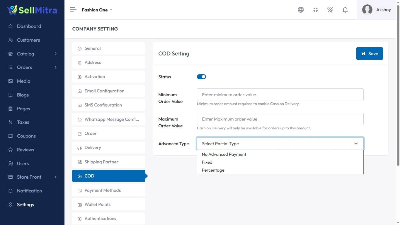 Partial Advance Payment Features in Sellmitra